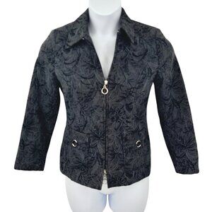 TRIBAL BLACK FLORAL TEXTURED ZIP-UP BLAZER JACKET - 4